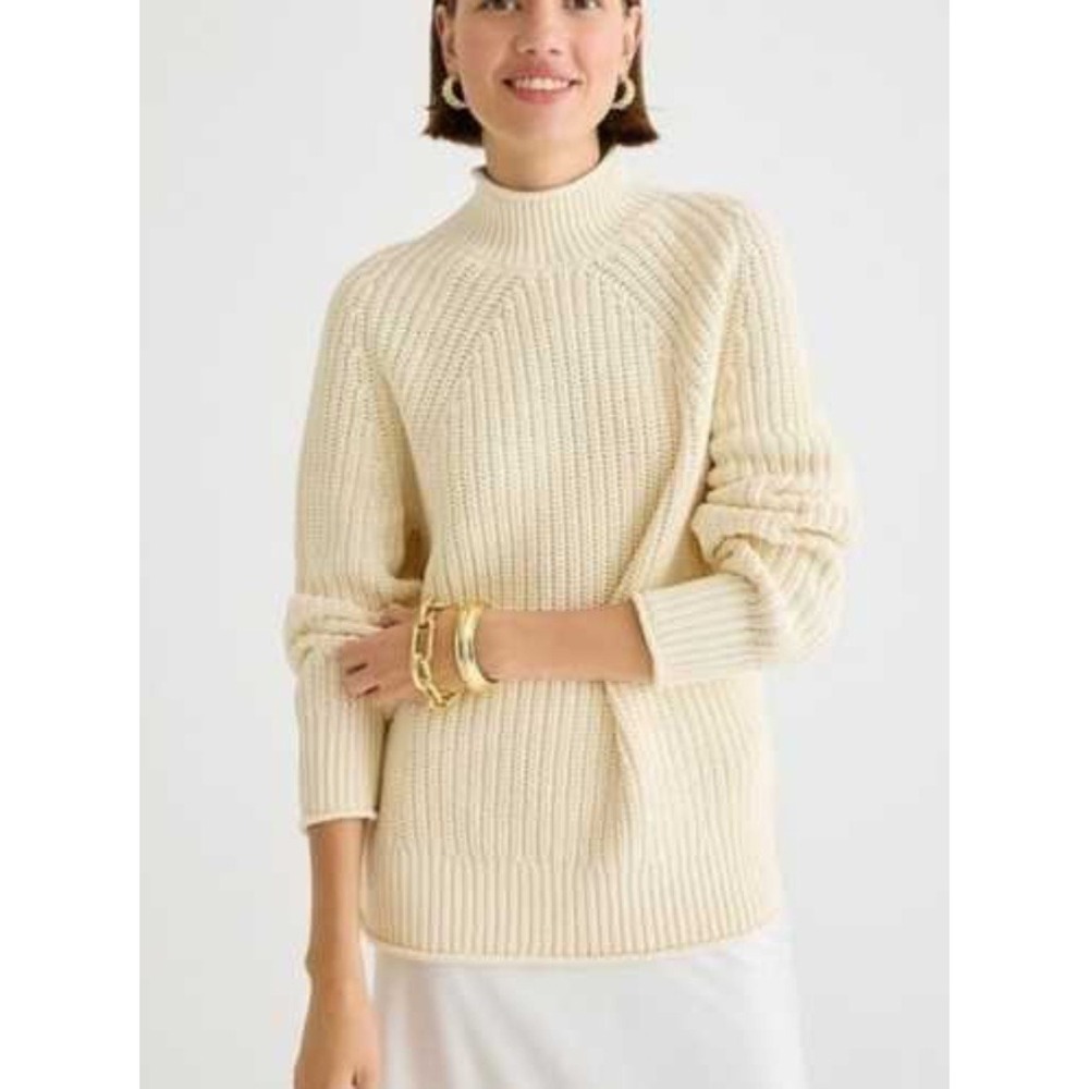 J.Crew Womens Ivory Cotton Relaxed Rollneck Sweater Minimalist Chunky Size Small